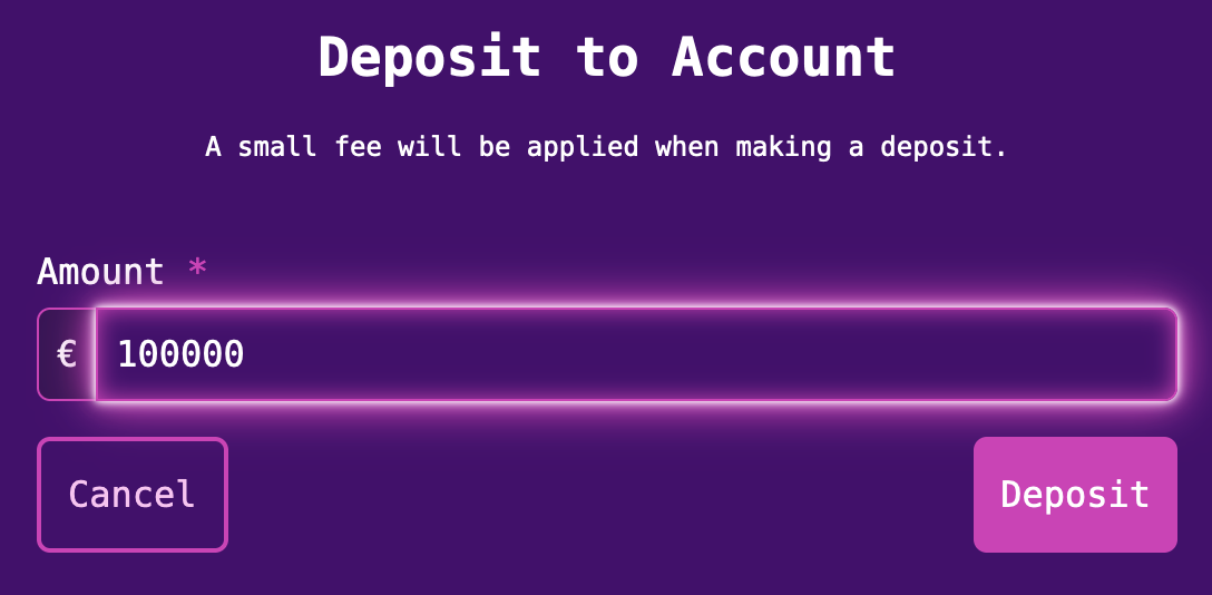 Deposit to account screen with amount field