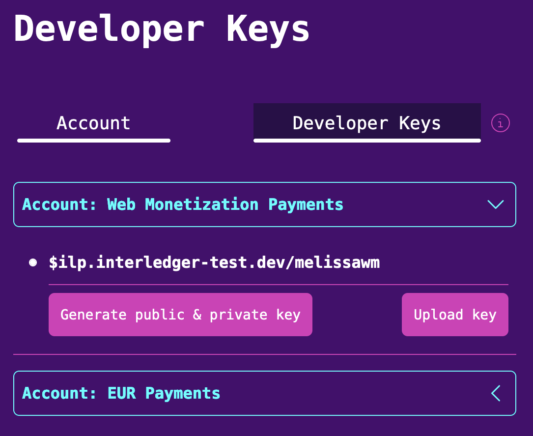 Developer keys tab with account expanded, showing the upload key and the generate public and private key buttons