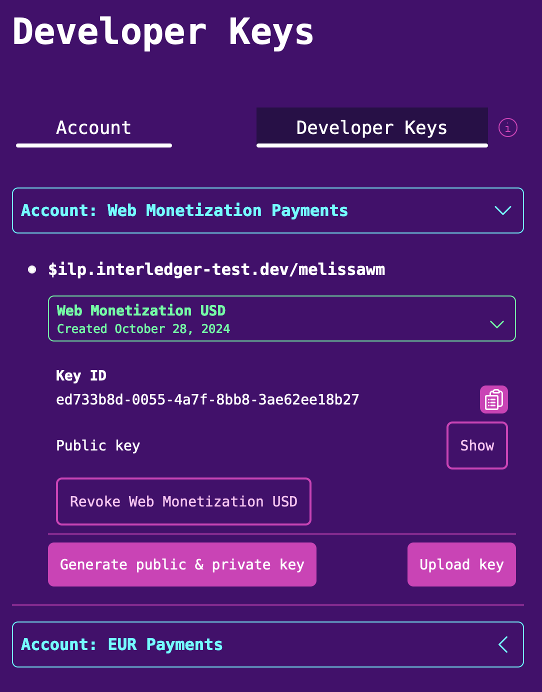 Developer keys tab with account expanded, showing the newly generated key id and an option to show the public key